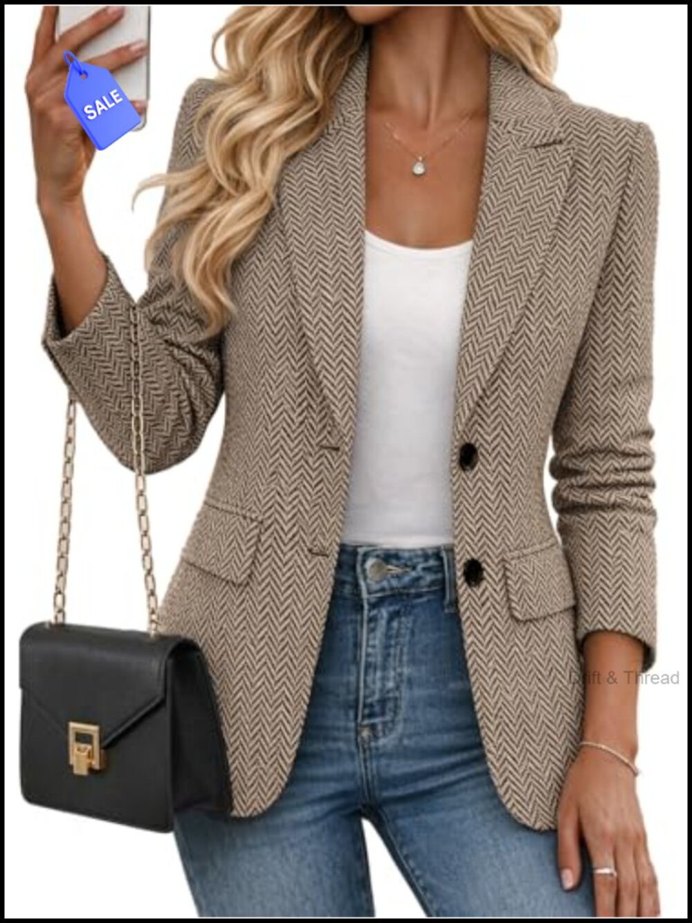 Womens Herringbone Tweed Blazer Business Casual Slim Fit Suit Jacket